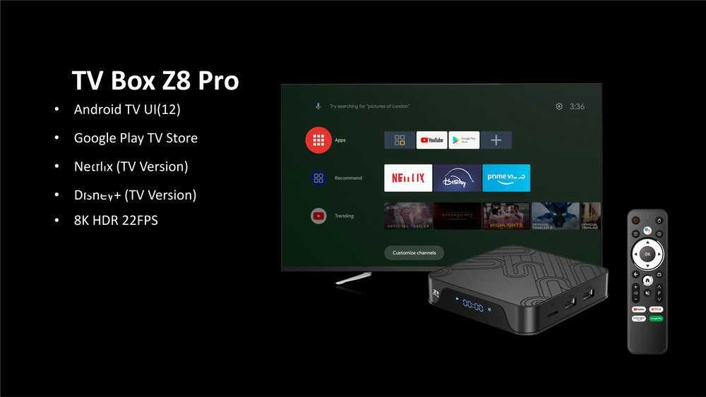 Налаштована Смарт ТВ приставка Z8 Pro 4/32 GB 8K Android TV 12  з Bluetooth-пультом та голосовим пошуком + YouTube без реклами | ТВ канали | Фільми
