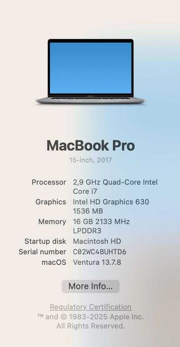 MacBook Pro 15" 2017 | i7 2.9 GHz | 16GB RAM | 500GB SSD