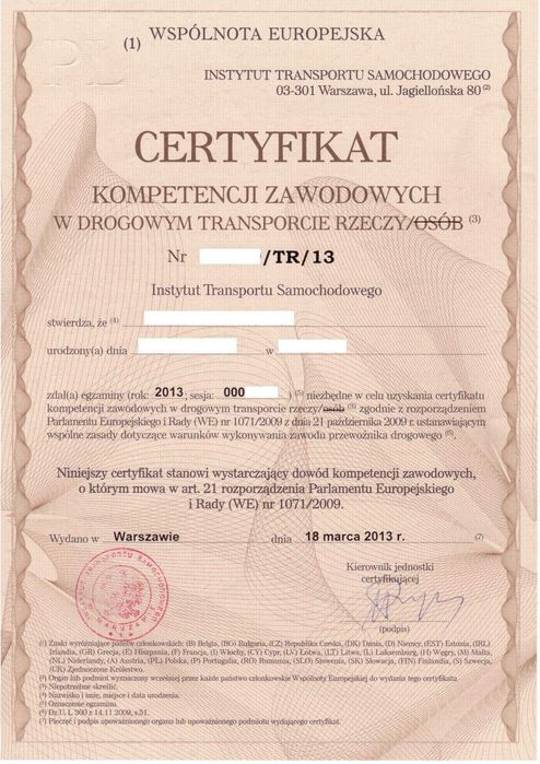 Certyfikat Kompetencji Zawodowych w Drogowym Transporcie Rzeczy