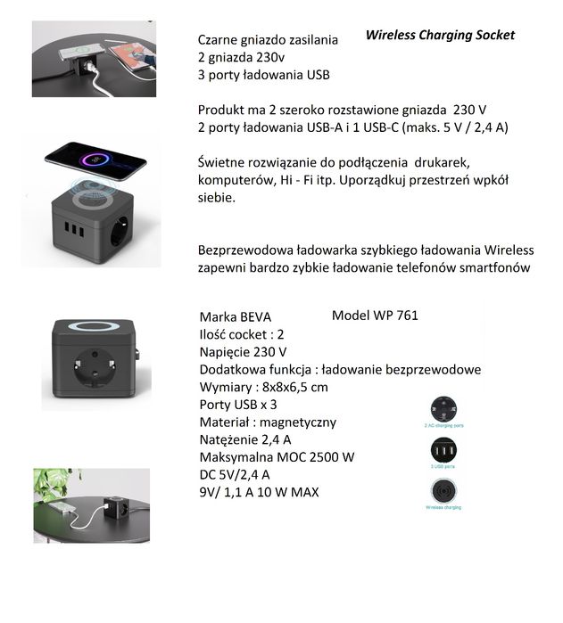 Wireless charger listwa zasilająca WP 761