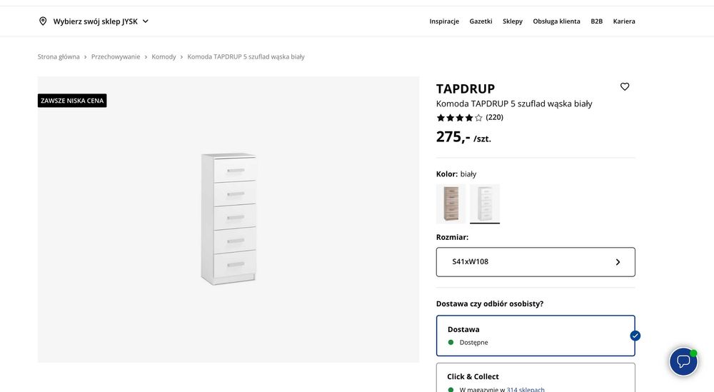 Komoda Kabdrup 5 szufl waski byaly