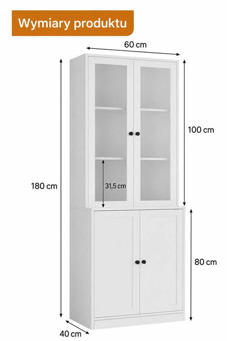 Witryna / regał RichYa biały 60 × 40 × 180 cm z 4 drzwiami i szklanymi frontami