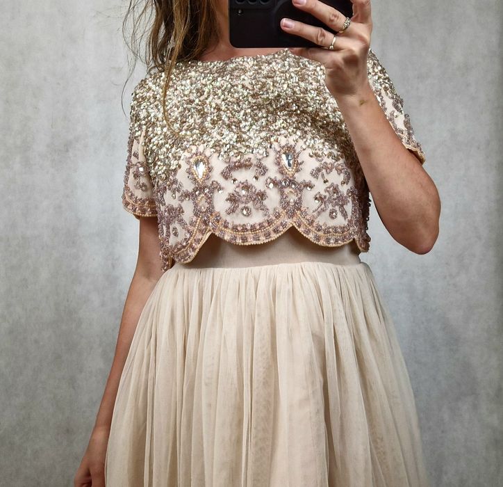 Asos sukienka tiulowa L. Beżowa, brudny róż, cekiny