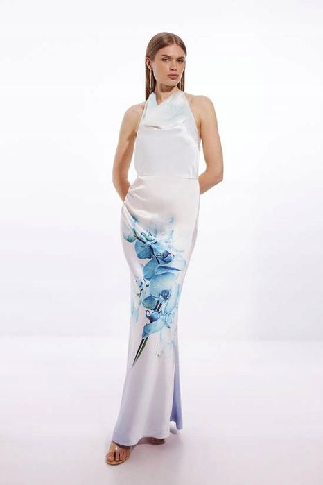 Karen Millen 40 L Sukienka Floral Satynowa Ooto Halter Petite D2744