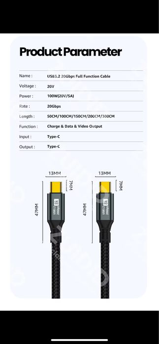 Cabo USB-C 3.2 PD100W 2 metros - NOVO