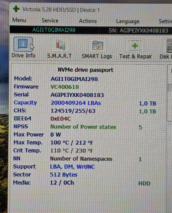 Накопичувач SSD M.2 1.0Tb, AGI.