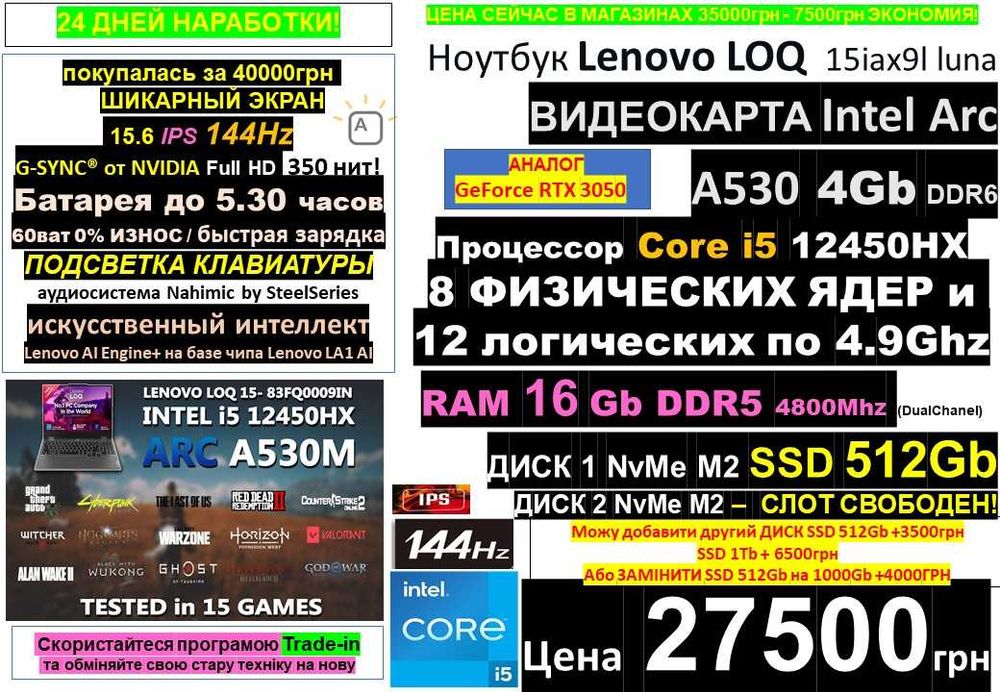 100+ Ноутбуків‼️144Hz‼️LENOVO LOQ‼️INTEL Arc A530 4Gb | RTX3050/SSD 512Gb/RAM16 DDR5/Traid-in/Розтрочка