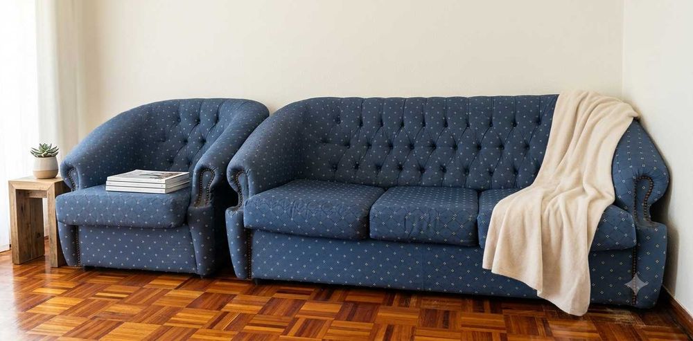 Conjunto Sofá-Cama 3 Lugares + Poltrona em Tecido Blue