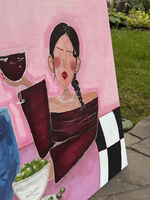 Картина акрилом - «Подруги за бокалом вина»