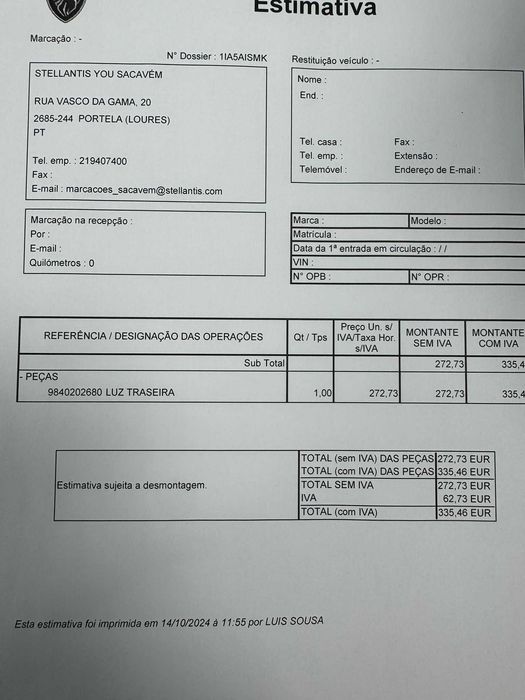 Farolim tras esquerdo Novo Peugeot 308 SW