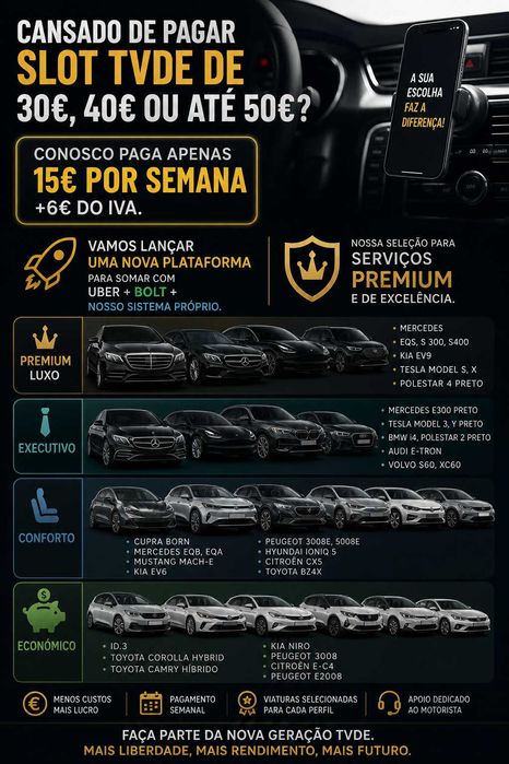 Cansado de parga 30, 40 ou até mesmo 50€ por slot para trabalhar como tvde?. Vem comigo!.