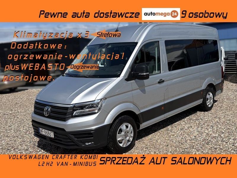 Volkswagen VW CRAFTER L-3.4m paki, Model 9 osobowy, MOCNY Silnik 2.0TDI 177KM Euro6, DMC:3.5t, HAK:3t, Drzwi 270' Bogate wyposażenie!! Klimatronik 3 strefowy plus dodatkowe ogrzewanie oraz wentylacja pojazdu, Kamera, Parktroniki, Android Auto, Ap
