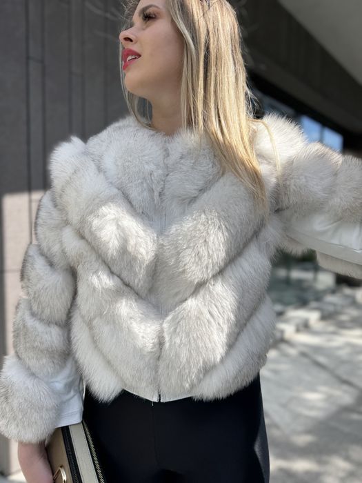 Futro naturalne 2 w 1 z lisa białego xs/s NOWE w jodełkę PREMIUM kurtk
