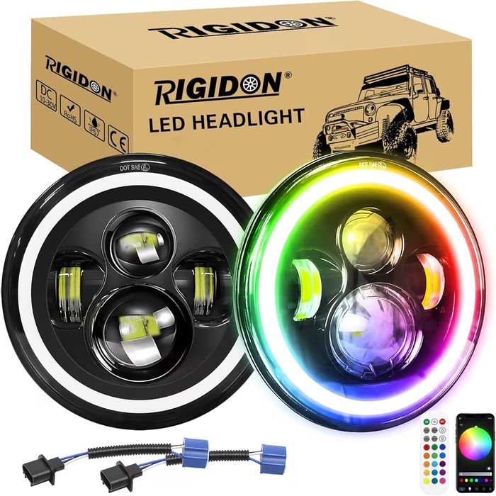 Faróis Angel Eye 7" 50W 5000LM RGB Jeep Wrangler