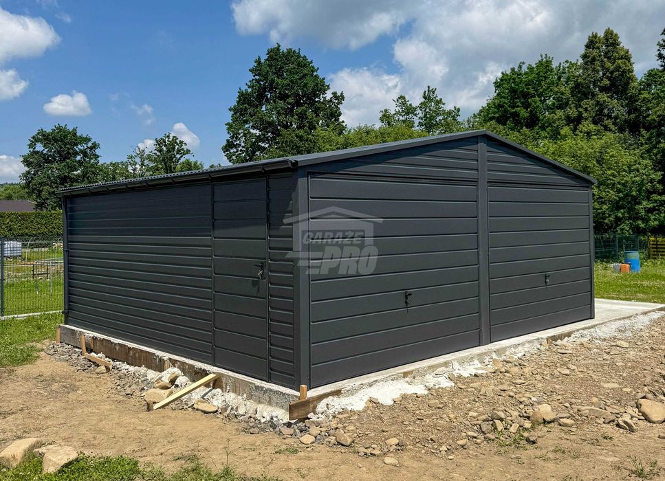 Garaż blaszany 6x6m 2x Brama uchylna drzwi Dach rynny  GP595