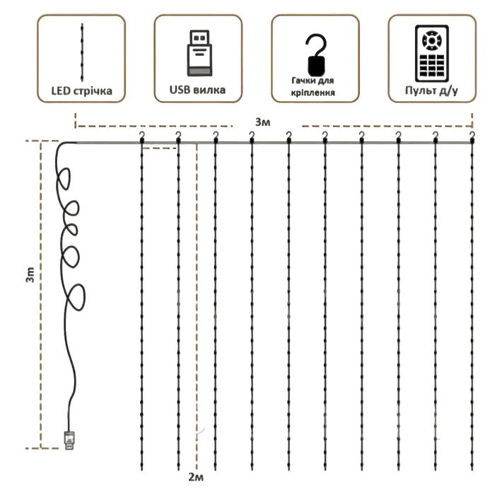 Смарт гірлянда штора 3х2 м RGB