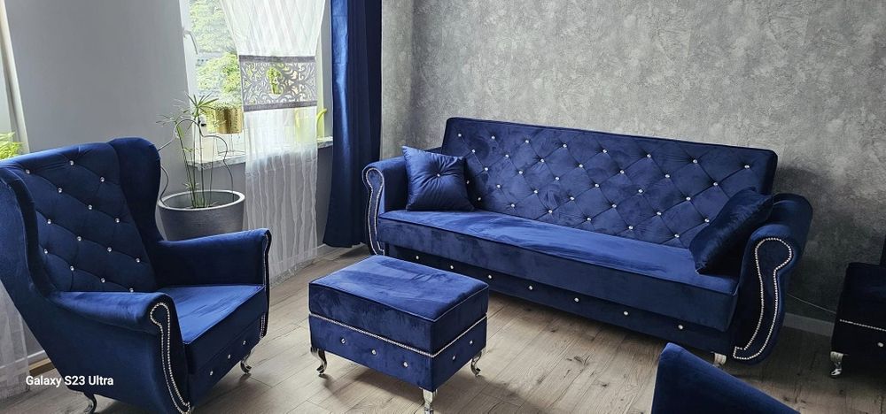 Kanapa rozkładana komplet zestaw wersalka fotel pufa podnóżek Glamour