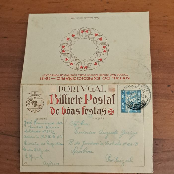 Postal de Boas Festas de 1941 enviado por um soldado na 2  Guerra Mundial.