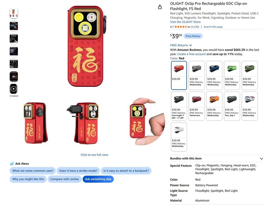 OLIGHT Oclip Pro Rechargeable EDC Clip-on Flashlight, FS Red