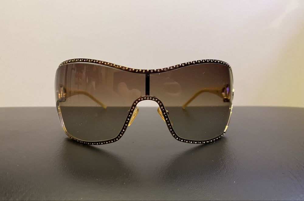 Okulary Valentino Vintage Y2K Shield z Kryształkami + Etui