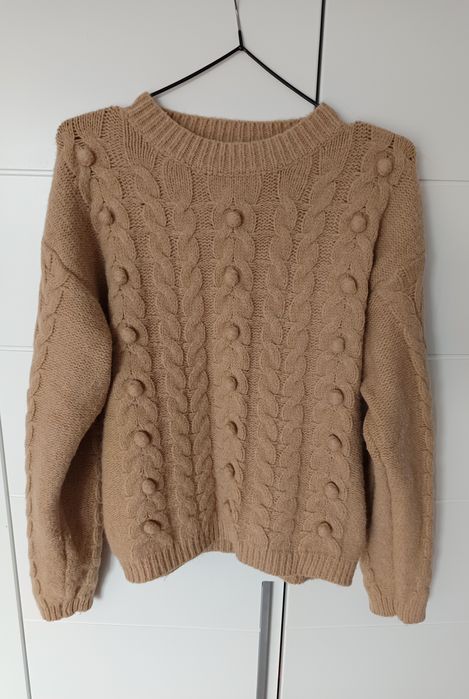 sweter beżowy z długim rękawem Zara M wytłaczany