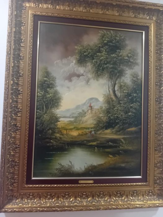 Pintura a óleo antiga de 'Cini' com moldura elaborada