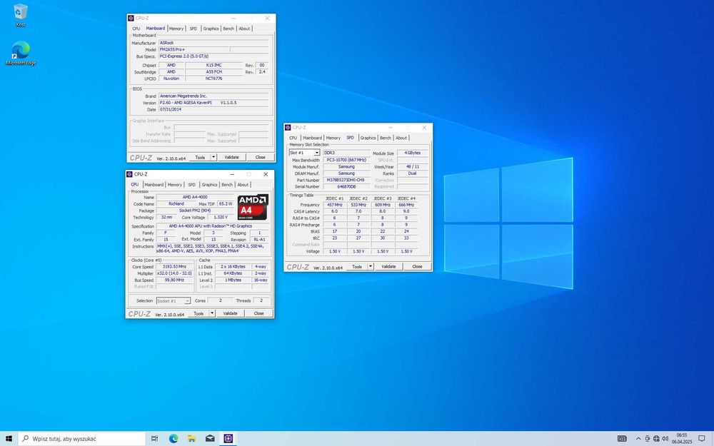 Płyta główna Asrock FM2A55 PRO+ + procesor AMD A4-4000 + 4GB RAM