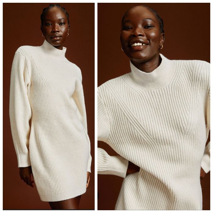 H&M XXL dzaninowa sukienka w prążki podkreślające sylwetkę ecru