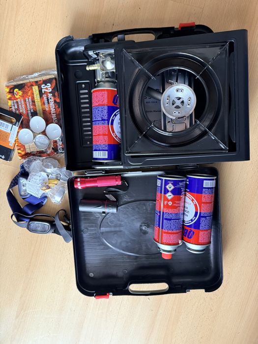 Kit sobrevivencia fogao portatil camping, lanternas, baterias, gas butano