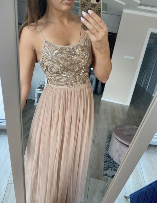 Złota sukienka Asos maya deluxe 38 M długa w cekiny