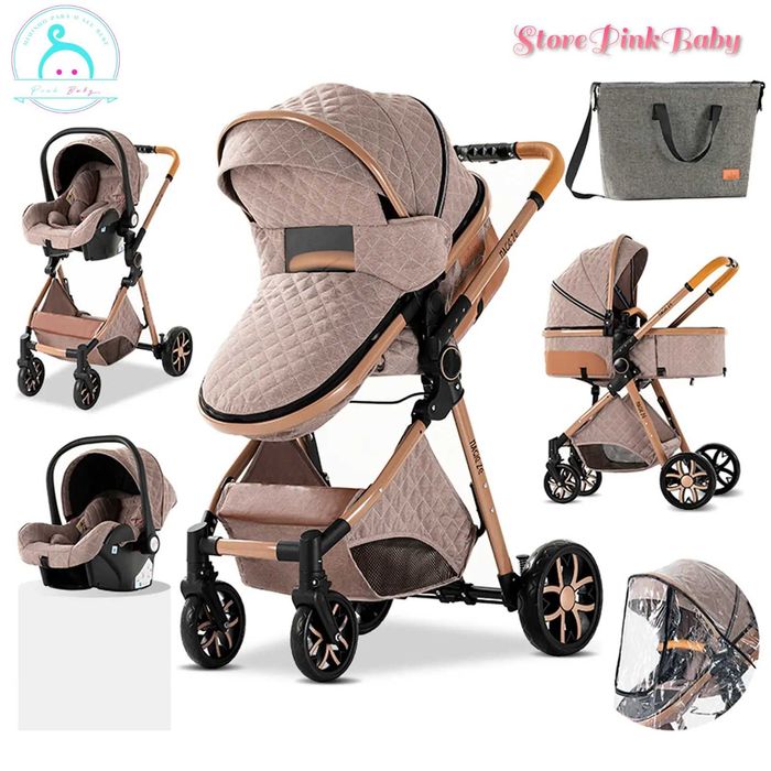 Carrinho de bebé 3 em 1 PinkBaby - LUXUS MAGIC - Khaki Gold