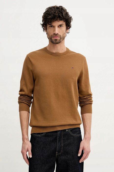 Tommy hilfiger sweter męski zbawełny w kolorze ciepłym brązie l 17ca