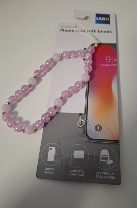 Sznurek do telefonu, torebki z koralikami różowy