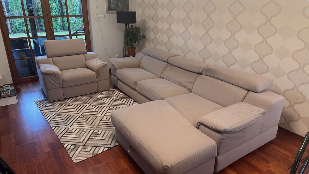 Wygodna sofa z szezlongiem, funkcją spania + FOTEL. Okazja!