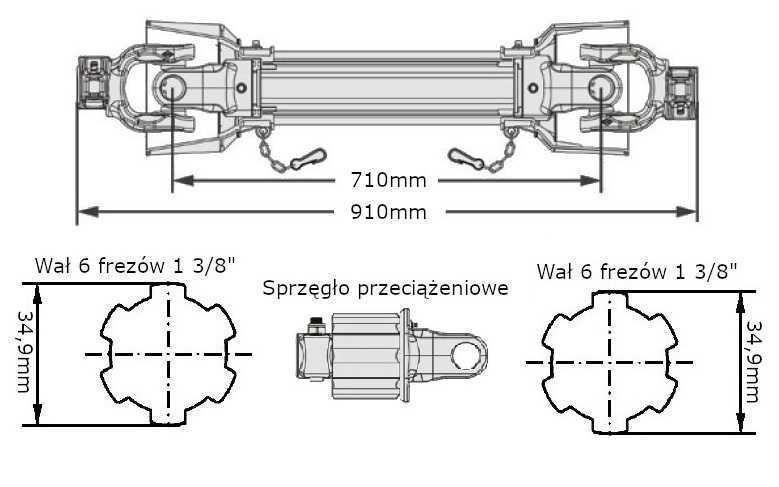 Wał przegubowy trójkąt 30.2x92, 910mm, 830Nm, sprzęgło przeciążeniowe