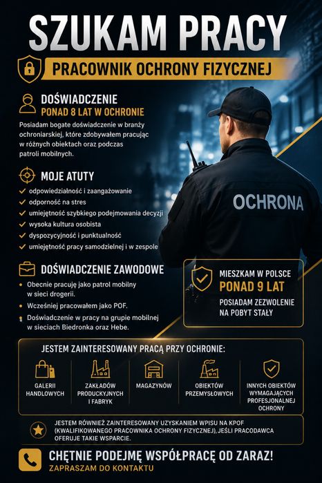 Szukam pracy jako pracownik  ochrony POF – współpraca