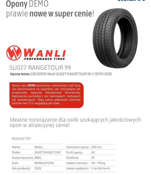 235/50R19 nowe opony letnie Wanli. Wysyłka, montaż. 235/55R19