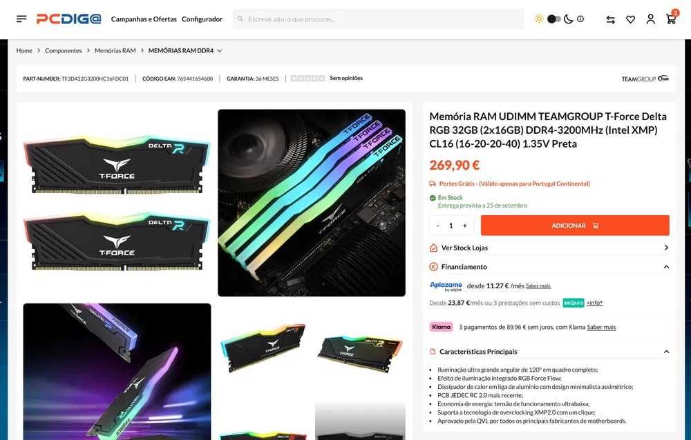 kit 32GB (2x16) DDR4 3200mhz t-force delta RGB - novas