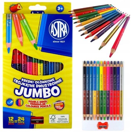 Astra Kredki Ołówkowe Trójkątne Dwustronne Jumbo 24 Kolory 12 Szt.