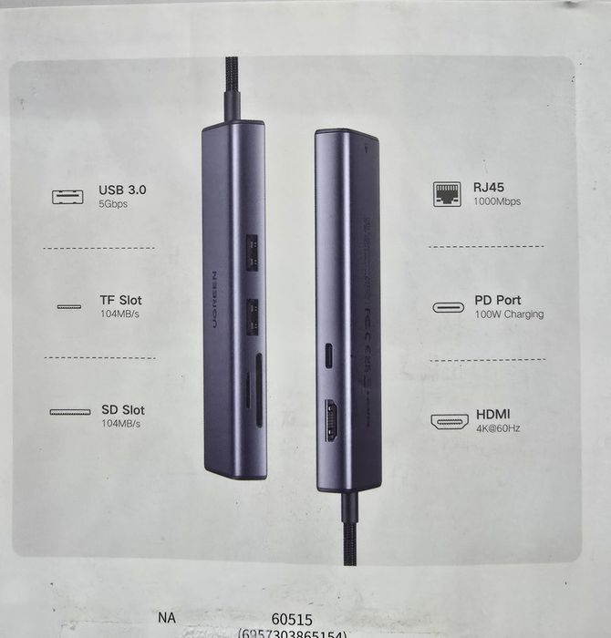 Adapter HUB UGREEN CM511 USB-C do HDMI, 3x USB-A 3.0, SD/TF Przejściów