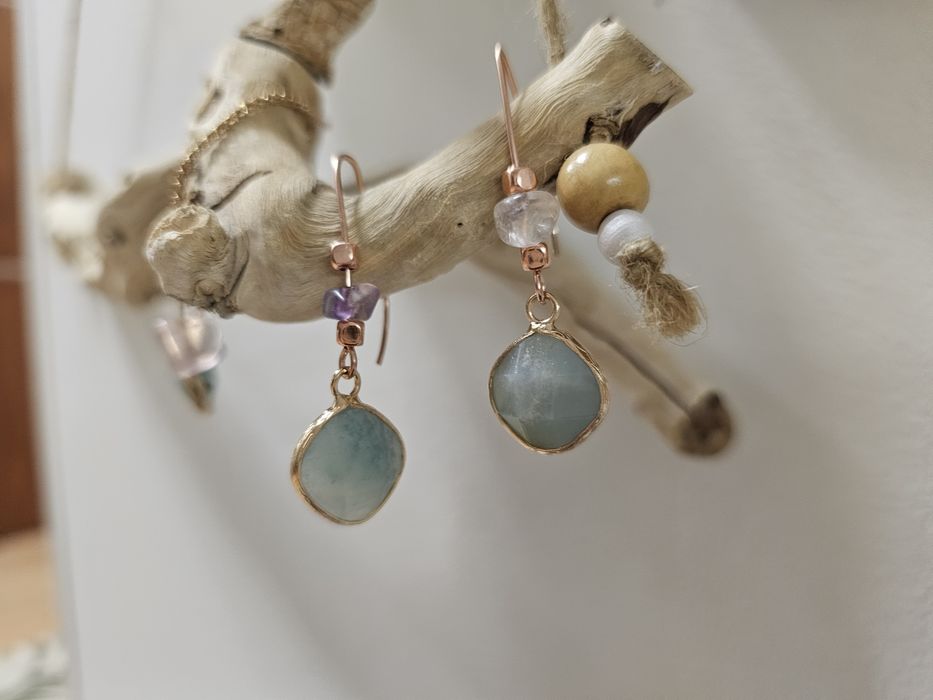 Komplet amazonit ametyst różowe złoto kolczyki i bransoletka