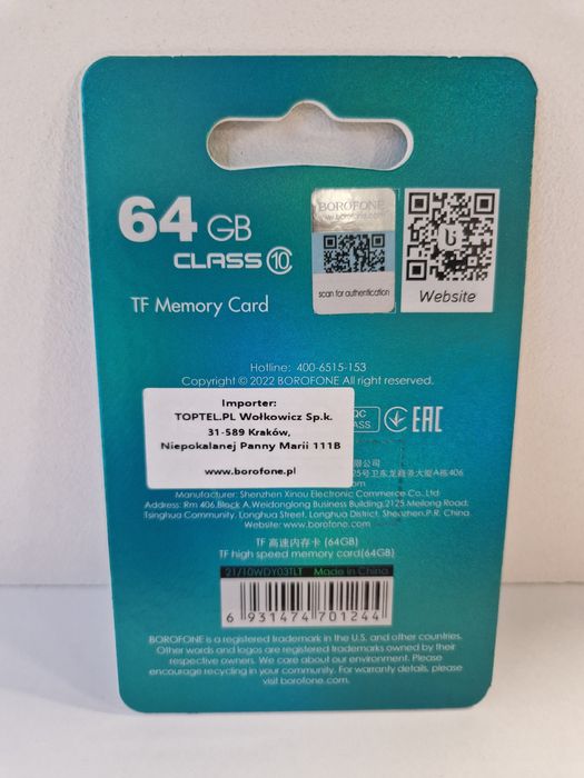 Borofone Karta pamięci MicroSD 64GB SDXC Class10 95MB/s
