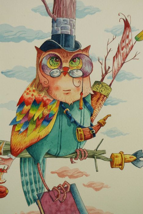 Aguarela original de Carlos Marques. Fantasia, surreal, Mocho.