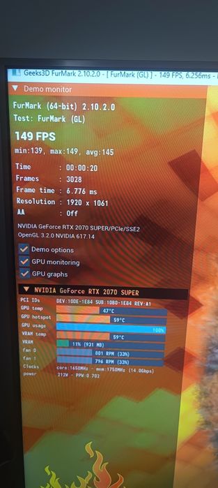 RTX 2070 Super 8GB – PTM na rdzeniu! Temp. max 65°C, bardzo cicha + FurMark