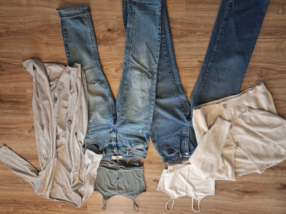 Mix paka zestaw ubrań Zara H&M 34 XS petite pants blue jeans 90's styl