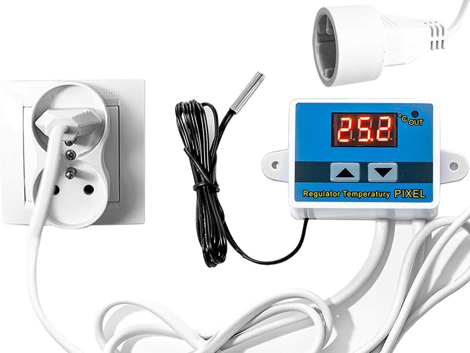TERMOSTAT Elektroniczny PIXEL Sterownik Cyfrowy z Gniazdkiem i Wtyczką