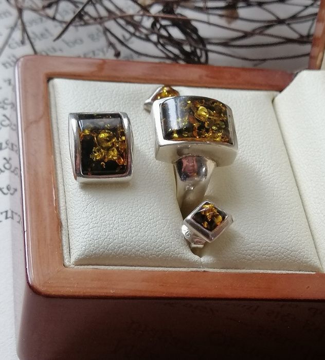 Kpl srebrny bursztyn zielony kolczyki wisiorek pierścionek 13 srebro