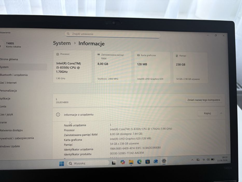 Lenovo T480S Windows 11 / 256GB / 8GB / super stan!
