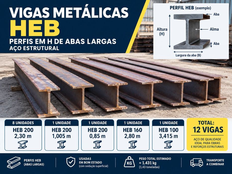 12 Vigas Metálicas HEB 100 / 160 / 200 – Vários Comprimentos