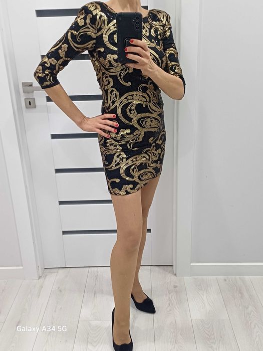 Sukienka cekinowa czarno-zlota. Rozmiar S. Bal/Andrzejki/Sylwester